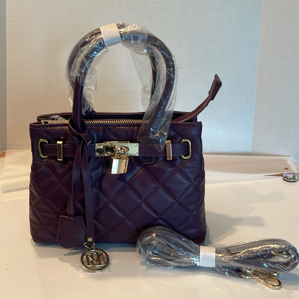 NWT Badgley Mischka Small Diamond quilted tote with lock plum Handbag Crossbody - Picture 3 of 16